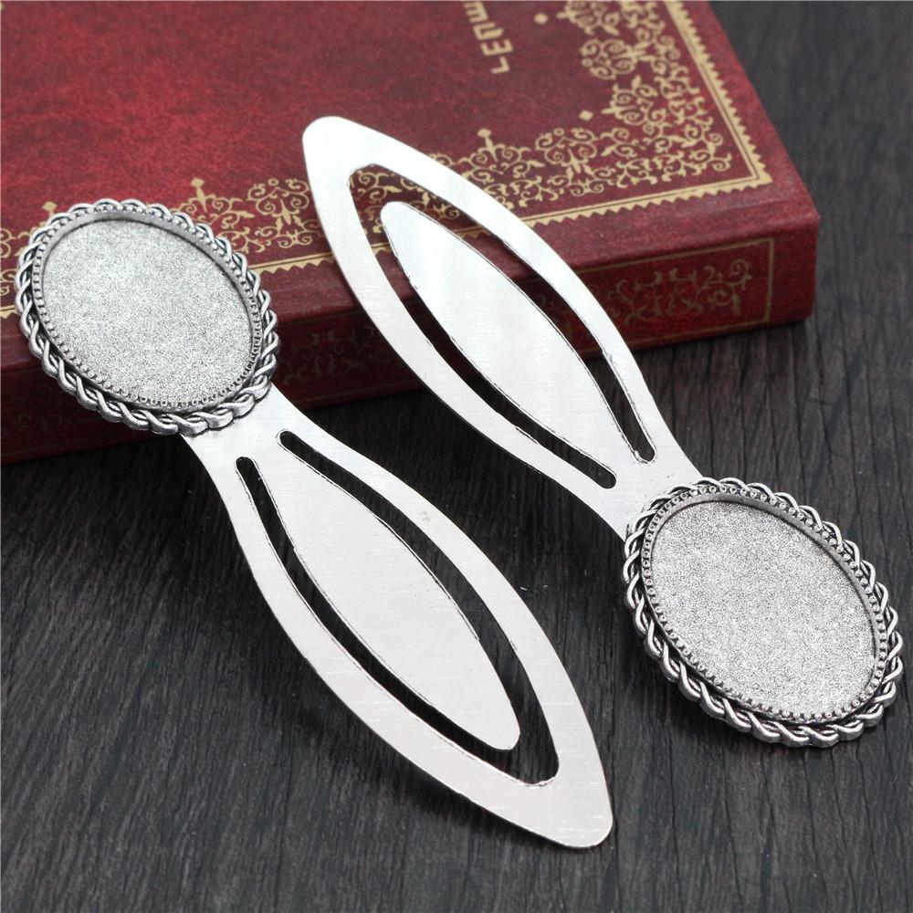 Neumodisches 2er-Set Lesezeichen (18 x 25 mm Innenmaß), antiksilberplattiert und bronzefarben, schlichtes Design, handgefertigt, Cabochon-Sockel, Kameenfassung