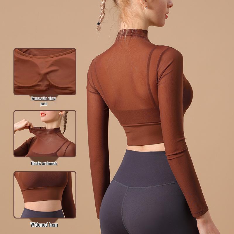 High-Value Mesh Yoga Suit with Chest Pads for Women – Two-Piece Fitness Top for Autumn/Winter Running and Training