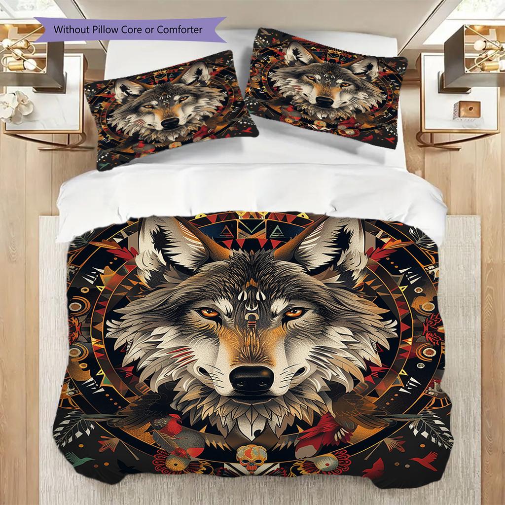 Primitive Wolf Pattern Bedding Quilt Set Quilt Cover Pillowcase Home Decoration Birthday Gift (1 * duvet cover + 2 * pillowcase, without core)
