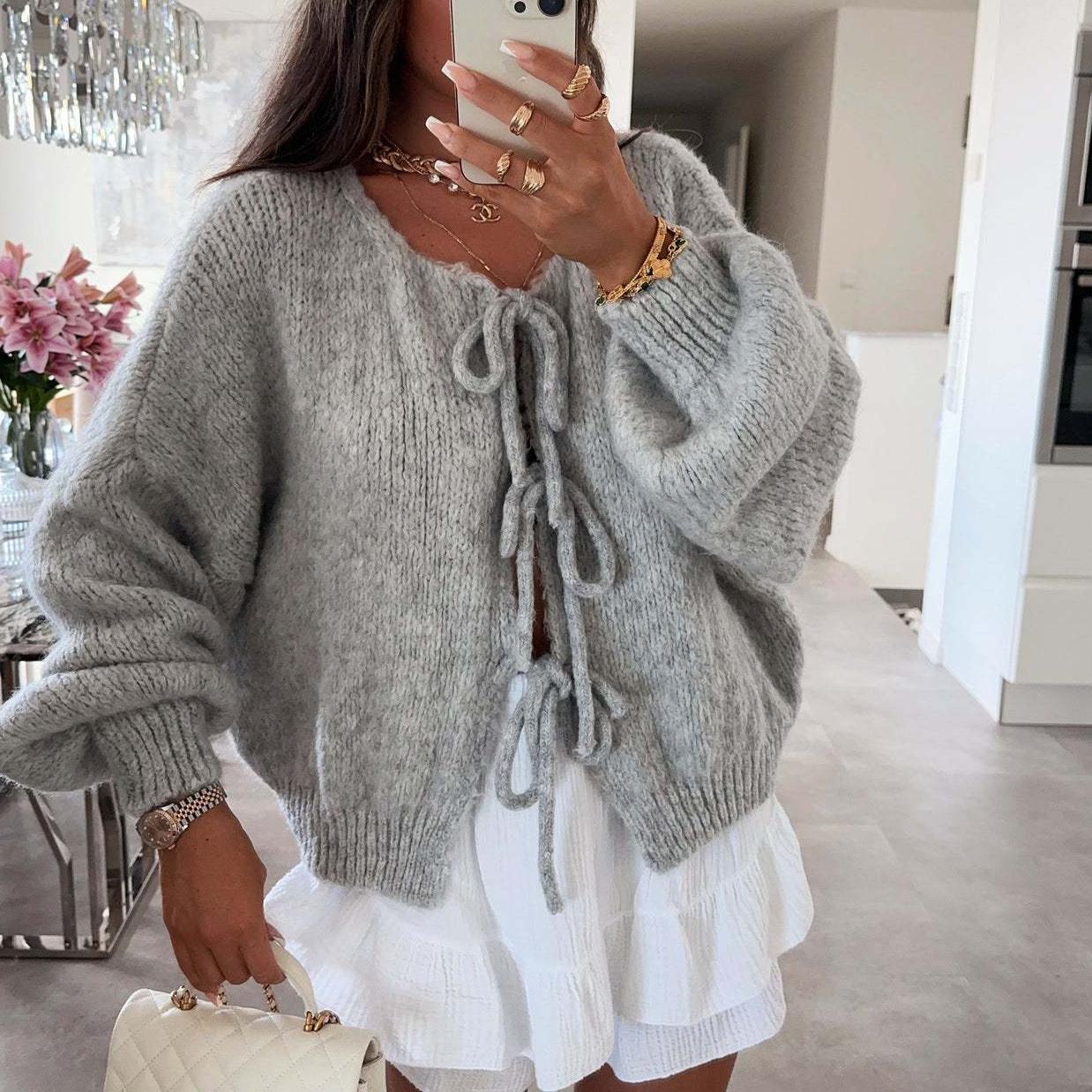 

Ретро длинный рукав однотонный пуловер топы женские осень зима O-образный вырез простые свитера вязаные элегантные женские кардиганы XL серый