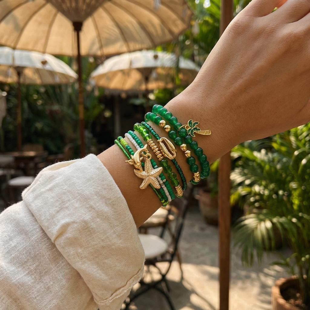 Elegant Green Rice Beads Bracelets Set for Women Trendy Starfish Shell Dolphin Coconut Tree Pendant Bracelets Beach Jewelry