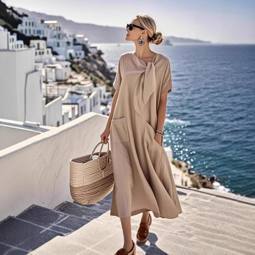 Spot 2026 European and American cross-border Amazon foreign trade summer temperament short sleeve bow pocket loose dress women