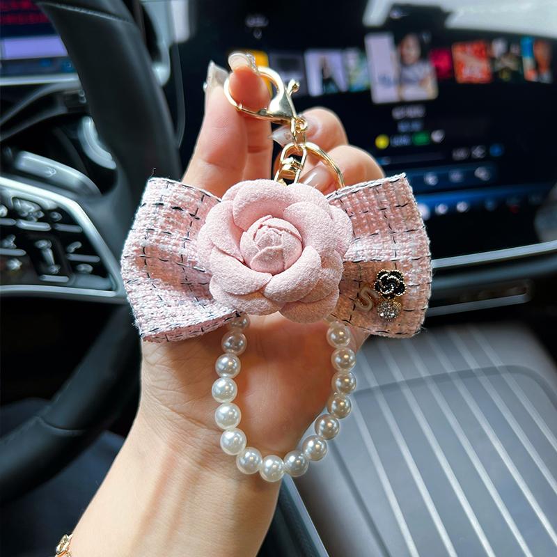 Креативная нить жемчуга, брелок-камелия, бант, тканевая сумка, подвеска-брелок, модный автомобильный брелок розовый