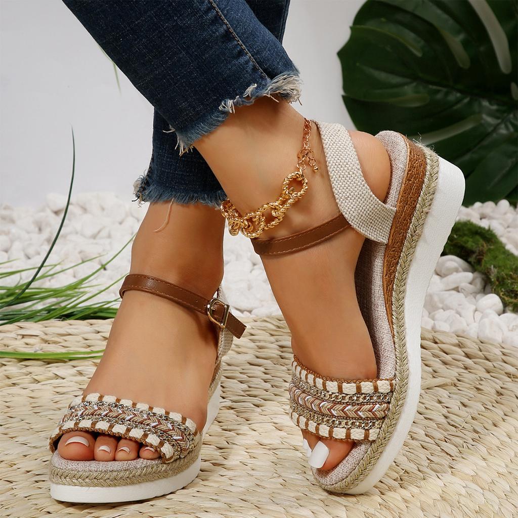 Sandali con zeppa intrecciati in iuta da donna Open toe Cinturino con fibbia Scarpe con plateau Calzature casual estive