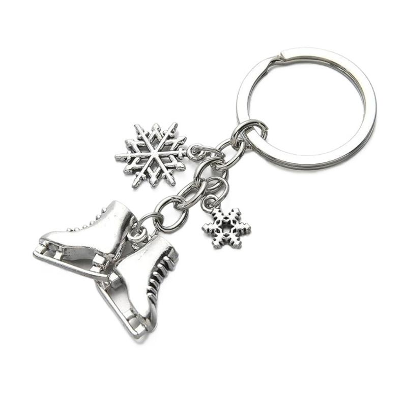 Elegant Silver Ice Skating And Snowflake Pendant Keychain For Winter Sports Enthusiasts Stainless Steel Key Holder