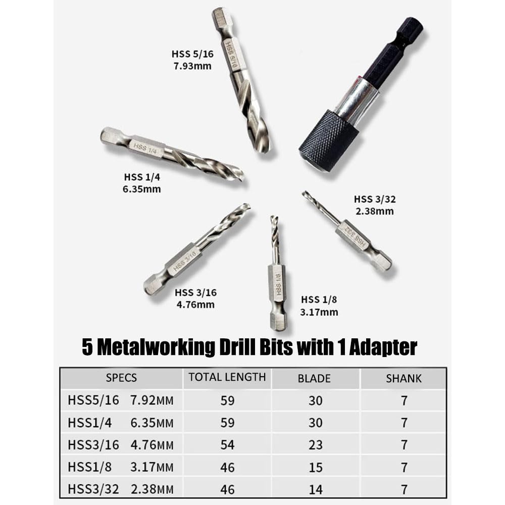 12 Pcs Metal & Wood Drill Bit Combination Set With Quick Change Adapter 1/4 Hex Shank 3/32-3/8 Inch SAE HSS Twist Drill Bits