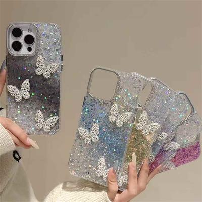 For iPhone 16 Pro Max Diamond Glitter Butterfly Phone Case For iPhone 16 15 14 13 12 11 Pro Max Plus Diamond Lens Protection Shockproof Cover