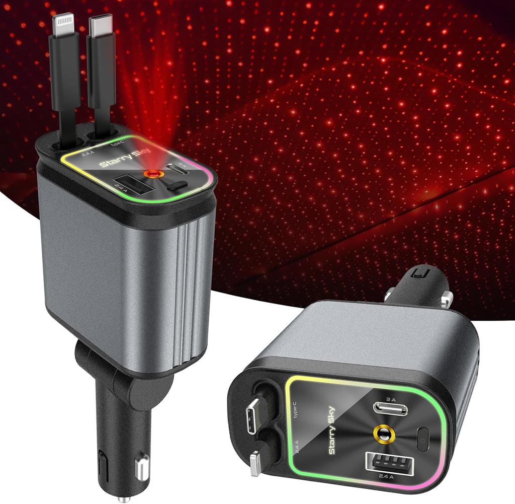 4 in 1 Car Charger with Multifunctional Dual Retractable Automatic Storage Charging Cable and Starry Sky Top Projection Light
