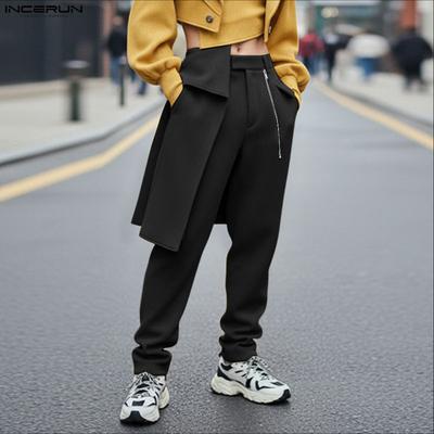 Men Zip-up Waist Casual Long Front Layers Texture Harem Pants Trousers