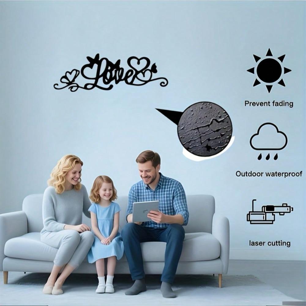 Flat Metal Heart Butterfly Wall Art Romantic Black Iron Love Design Calligraphy Letter Ornament for Valentine Wedding Home Decor