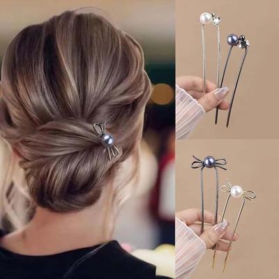 Moda Metallo Fiocco Perla Forcina a U per Capelli per Donne Semplice Colore Oro Cristallo Chignon Pettini per Capelli Creatore Accessori per lo Styling dei Capelli