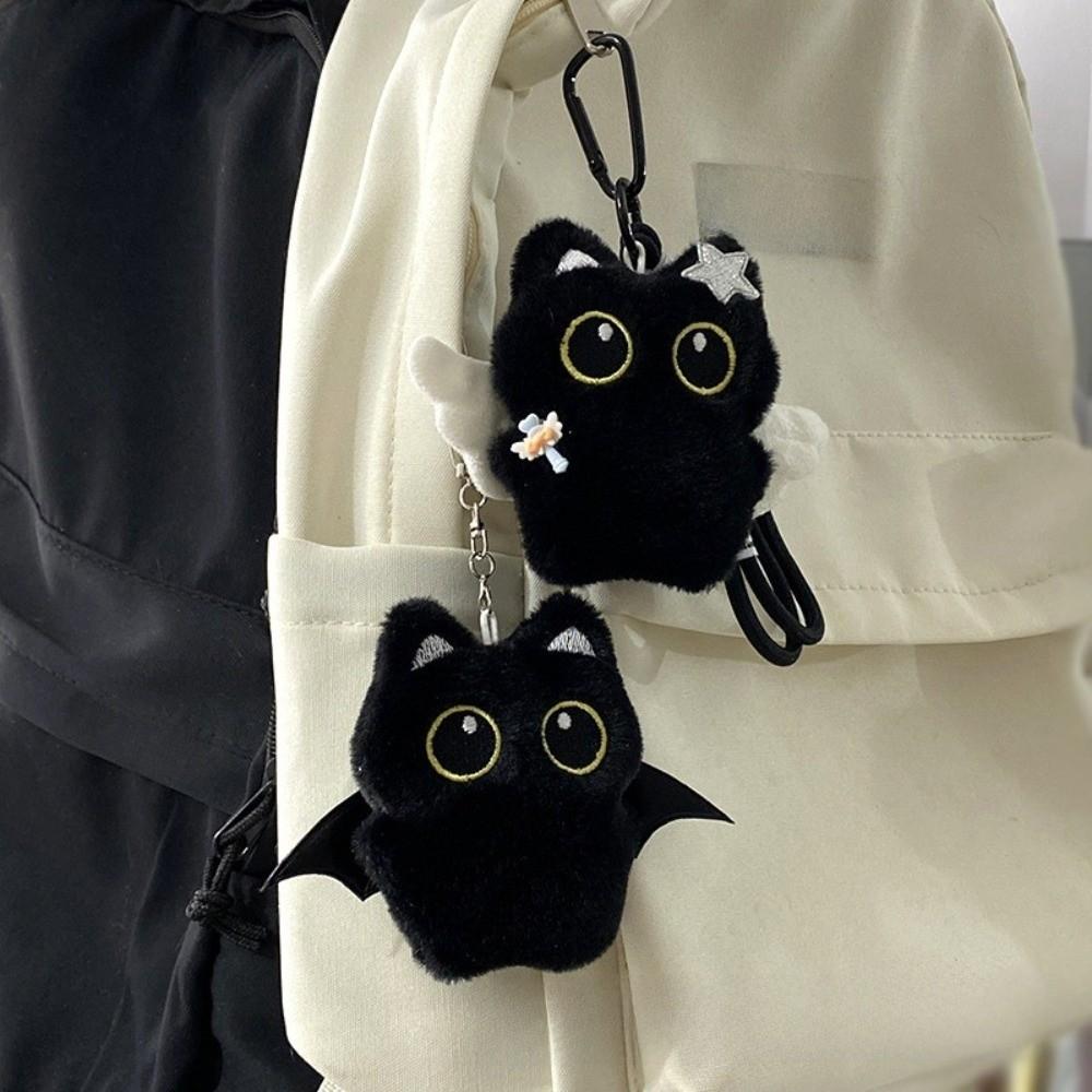 Wings Black Cat Plush Doll Keychain Star Car Key Ring New Doll Bag Pendant  School Bag Decoration