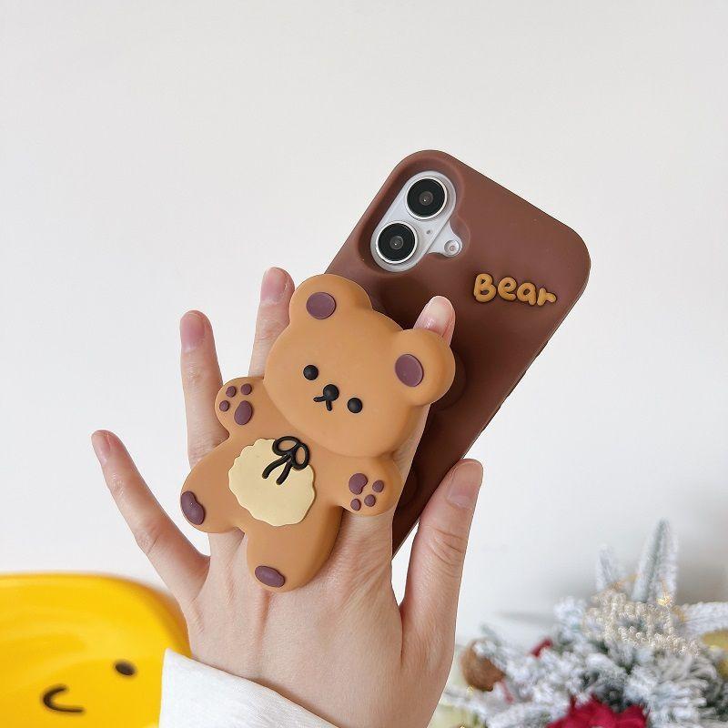 3D Cute Cartoon Bear Telescopic Bracket Silicone Phone Case For iPhone 17 16 15 14 13 12 11 Pro Max Shockproof Protective Cover
