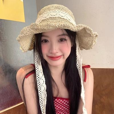 New Women'S Hollowed Out Large Brim Sun Hat Summer Outdoor Lace Lace Tied Bow Grass Hat Hidden Wire Brim Hat
