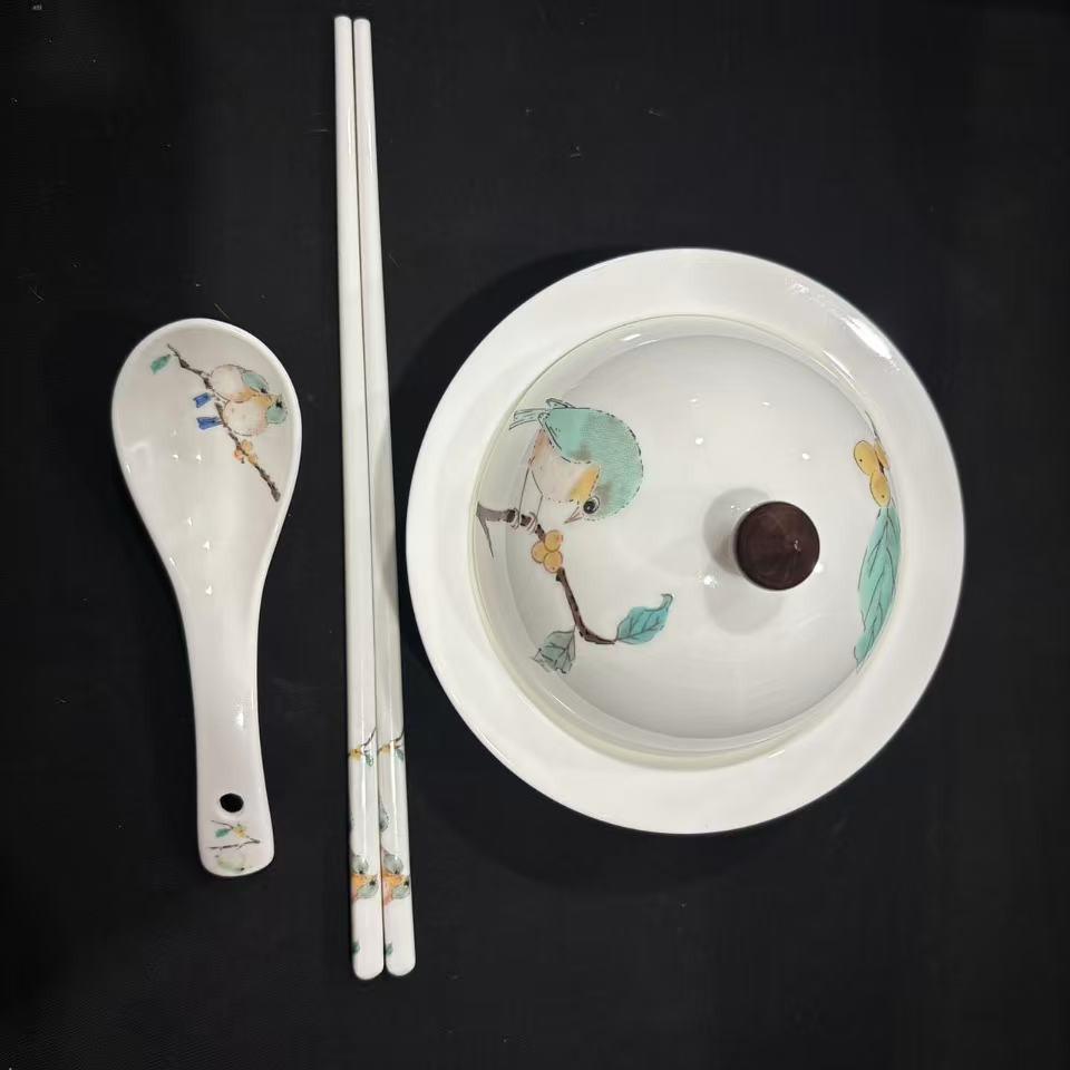 Japanese Children's Gaiwan Tea Set: Bird Bone China Cup, Chopsticks, and Spoon
