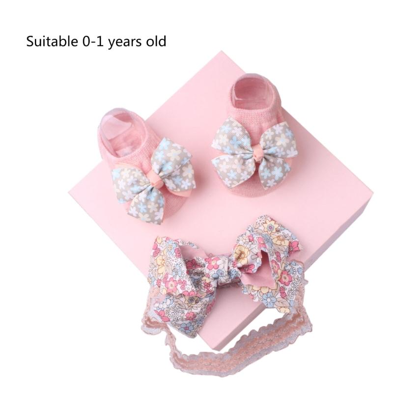 Lace Headband & Socks for Baby Unisex Boy Girl Elastic Headdress Anti-Skid Floor Socks Gender Neutral Heads Accessories