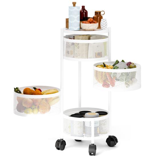 Rotating Storage Rack Fruit Basket for Kitchen 3/4/5 Tier Circular Rotating Basket Fruit and Vegetable Metal Wire Shelf with Top Lid (White)