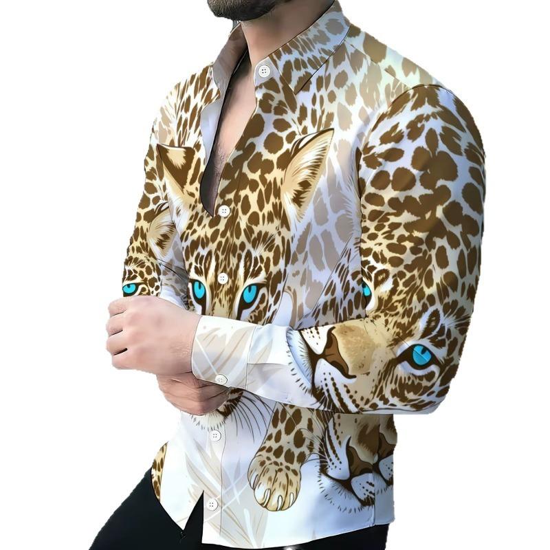 Vintage Leopard Print Shirt for Men Loose-Fitting Long Sleeve Fashionwear Summer Top