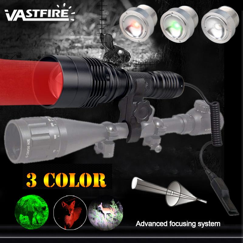 3IN1 Tactical Flashlight Red+Green+White XPE LED Torch Powerful Night Hunting Light with Rifle Scope Mount Power by 18650Battery