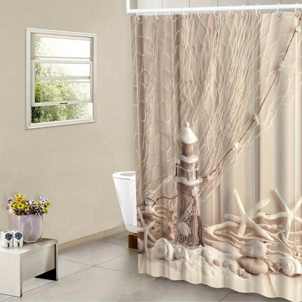 

Nautical Lighthouse Seashells Shower Curtain Coastal Beach Theme Fishing Nets Polyester Washable With Hooks Beach House Decor W60H190(CM)-1 Pcs