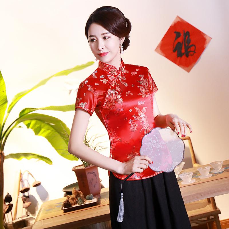 

Женский топ Cheongsam с короткими рукавами в стиле ретро, ​​тонкий большой размер с короткими рукавами