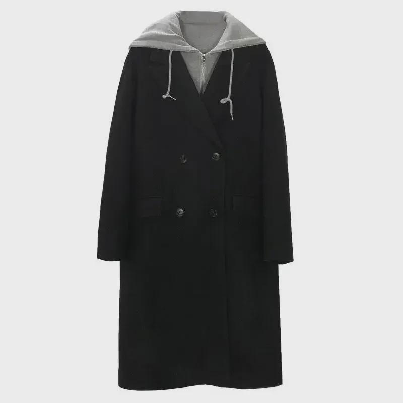 2024 Winter Thickened Woolen Coat: Korean-Style, Loose Fit, Mid-Length, Spliced, Hooded Design for Women