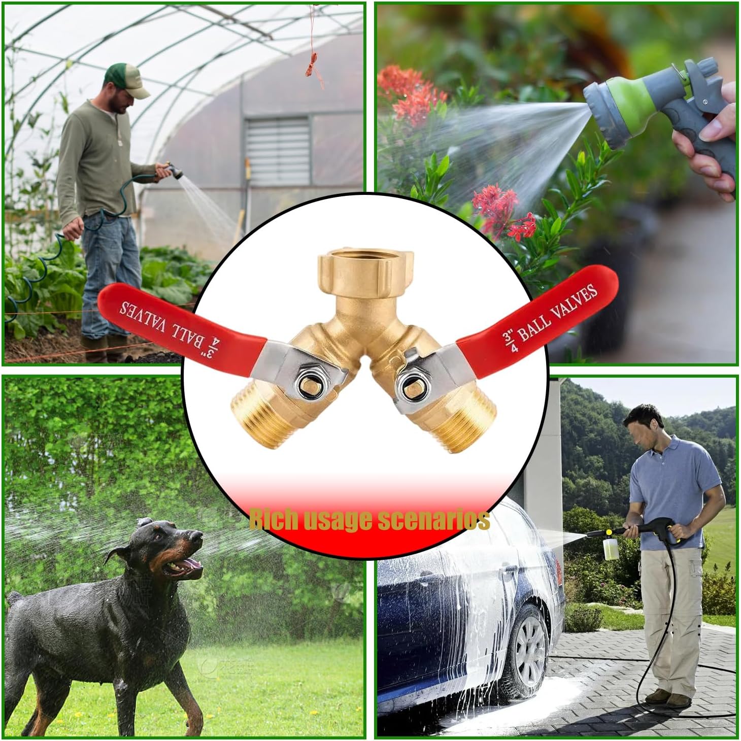 

Garden Hose Splitter 2 Way Heavy Duty - Brass Y Valve 3/4 GHT Thread with 304 Stainless Steel Handle | 2 Coiled Spring Protectors, 2 Washers & PTFE 1