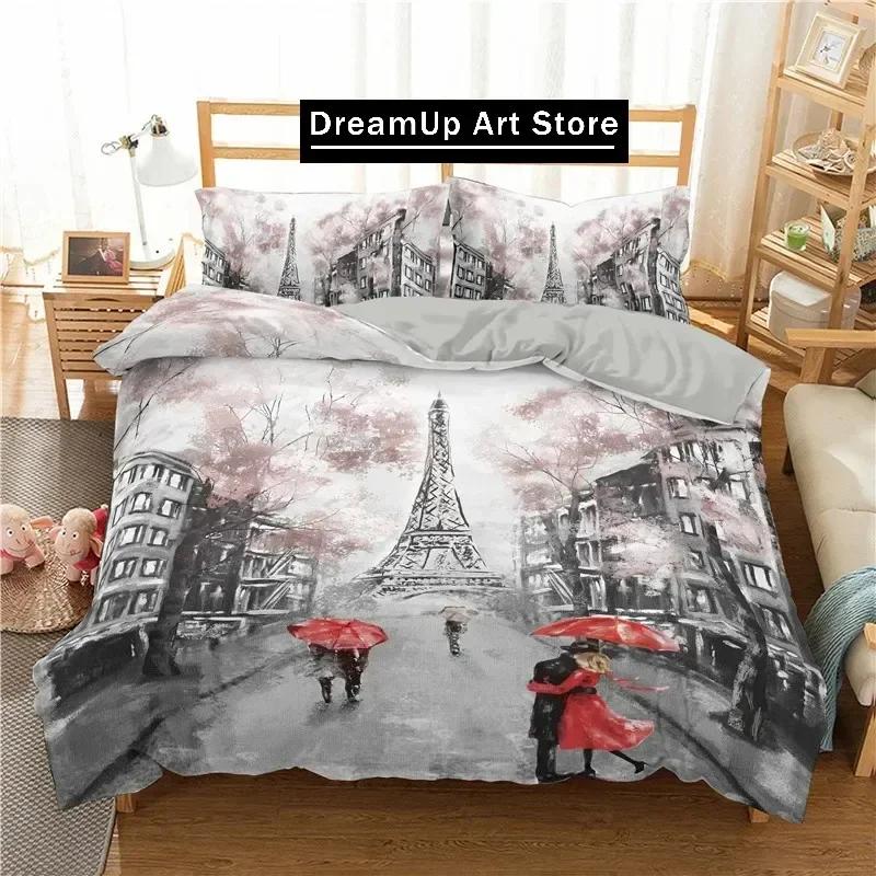 Eiffel Tower Duvet Cover Romantic Couple Flower King Comforter Cover Microfiber France Paris Cityscape Bedding Set For Girl Teen