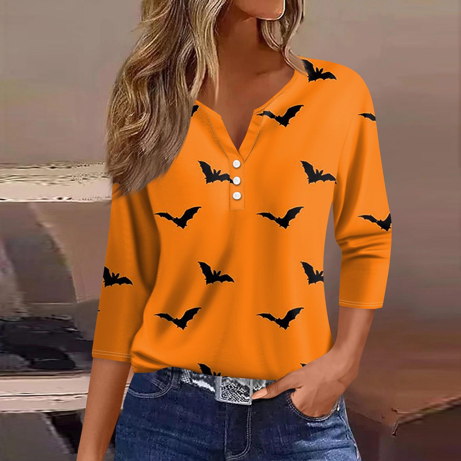 

Женские топы с рукавом 3/4 с цветочным принтом на Хэллоуин, винтажные модные повседневные свободные рубашки с v-образным вырезом, рубашки больших размеров M шафрановый