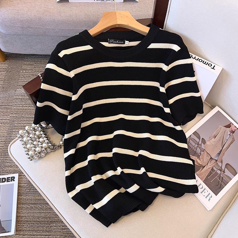 Plus Size Women's Summer Ice Silk Knit Slimming Short Sleeve Top