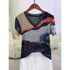 V-neck Short-sleeved Positioning Printed Pullover Mesh Top for Women In Summer Breathable Thin