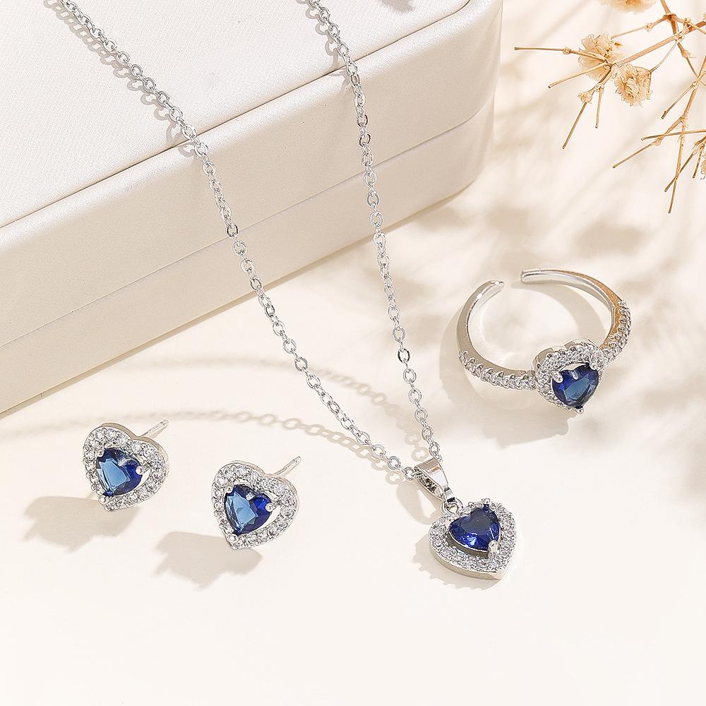Fashion Wedding Jewelry Set For Women Crystal Heart Pendant Necklace Ring Stud Earring Bride Engagement Jewelry Gift