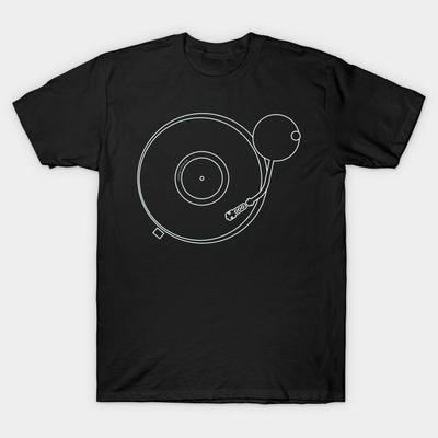 Asian Size Men Black Print T-shirt Record Player - Turntable In White No-Cut Heat Transfer Print Cotton Tshirt