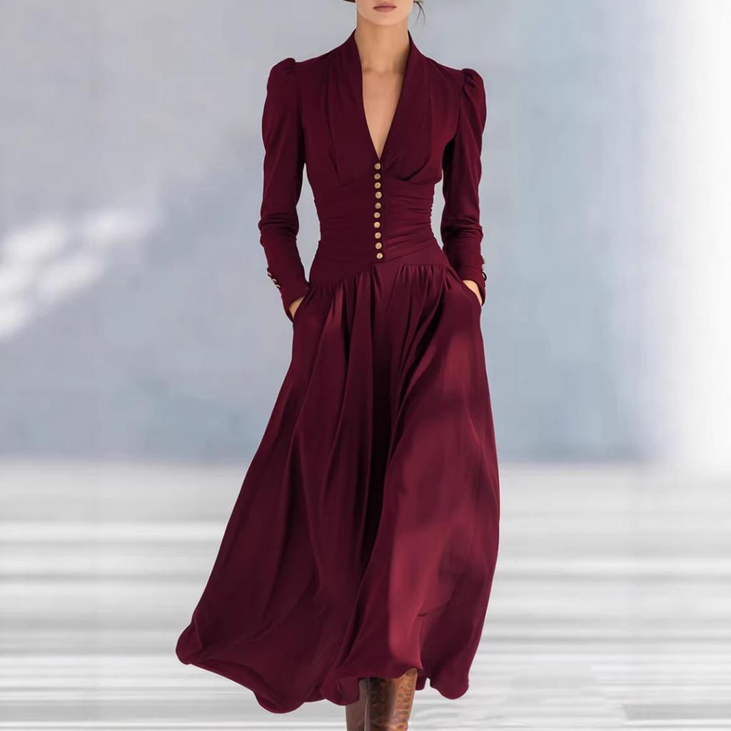 Abito Maxi da Donna con Scollo a V Profondo Vita Alta Senza Maniche Dettaglio Bottoni Tasca Elegante Abito da Sera per Feste