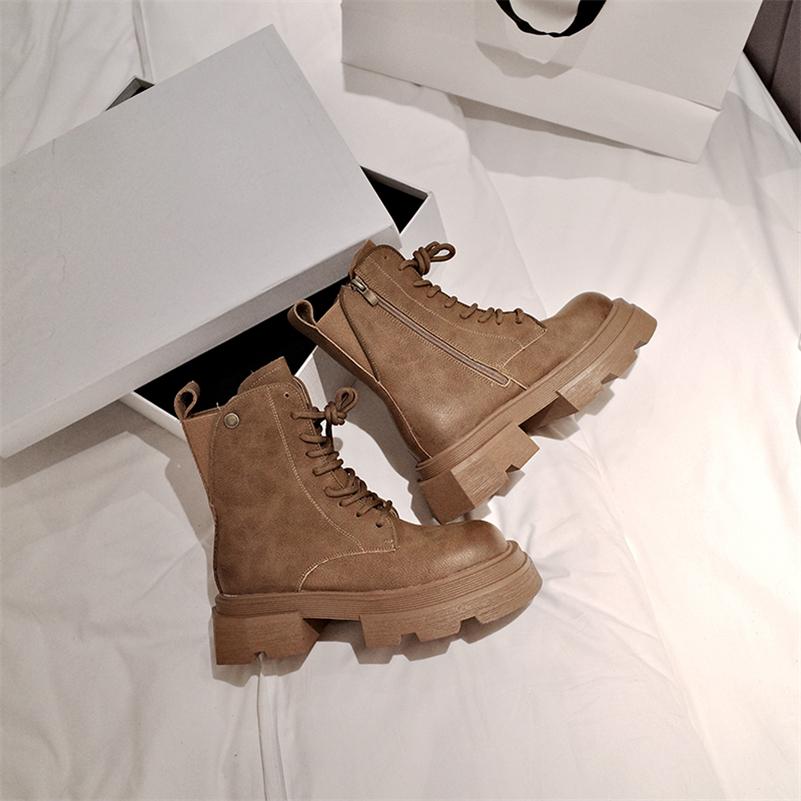 

Женские ботильоны из натуральной кожи, армейские ботинки с круглым носком на платформе и толстом среднем каблуке на молнии и шнуровке, зимняя женская обувь 35 коричневый