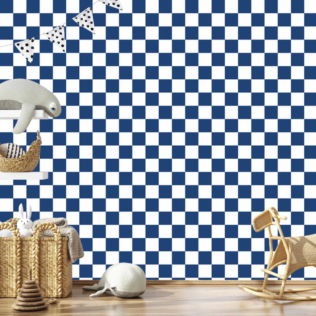 Blue and white checkerboard wallpaper for living room and bedroom 50x1000