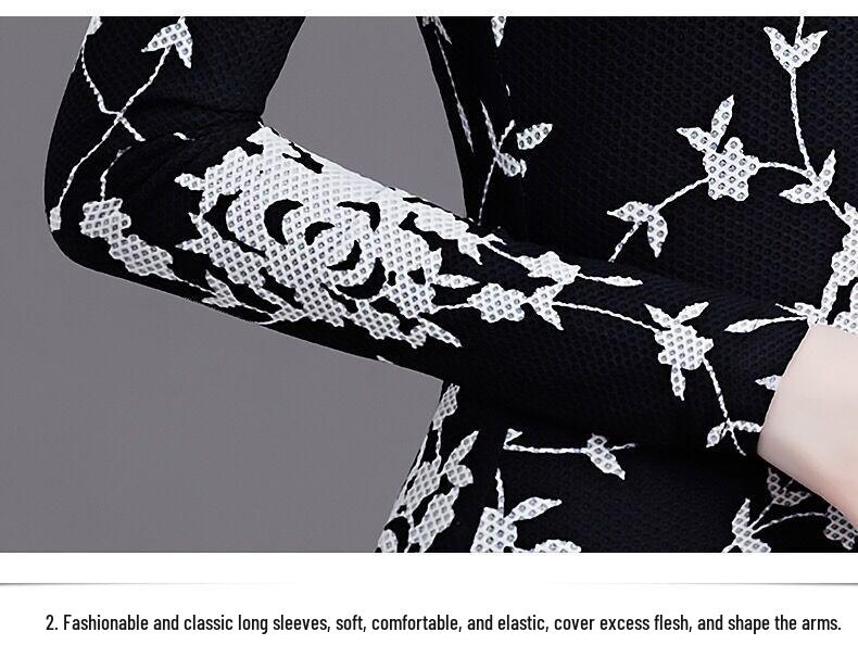 High Collar Printed Fashion Mesh Slim-Fit Top for Women