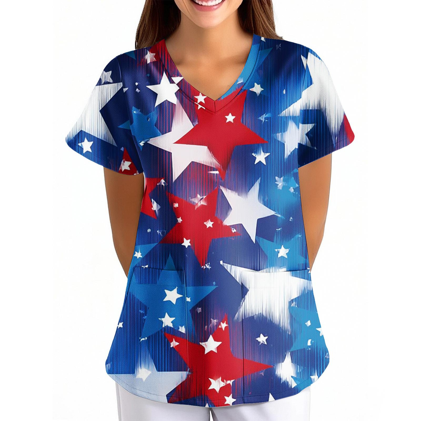 Women s Independence Day Printed Loose V-Neck Pocket Short-Sleeved Clothing M