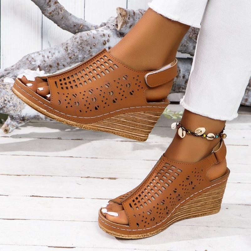 Summer new large size wedge heel sandals women's hollow Velcro sandals