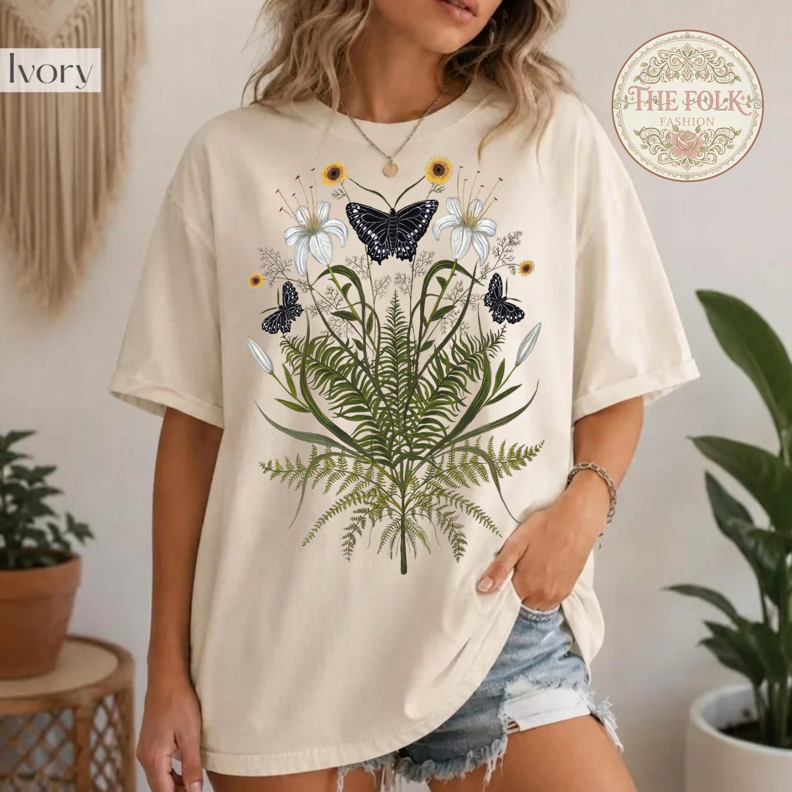 Cottagecore Butterfly Shirt, Vintage Fern Floral Tee, Botanical Wildflower T-shirt, Comfort Colors Top, Aesthetic Nature Graphic Shirt 2XL
