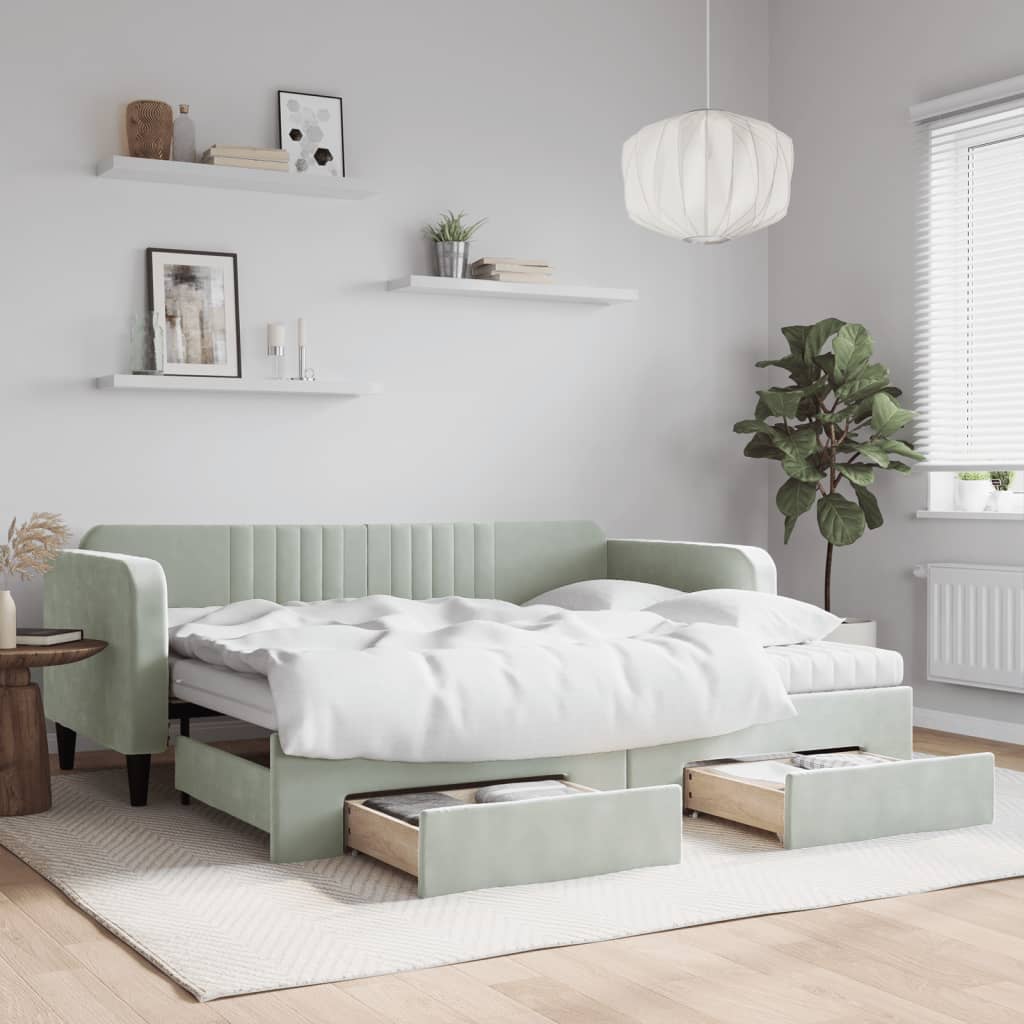 Pull Out Daybed with Drawers Light Grey 90x200 cm Velvet