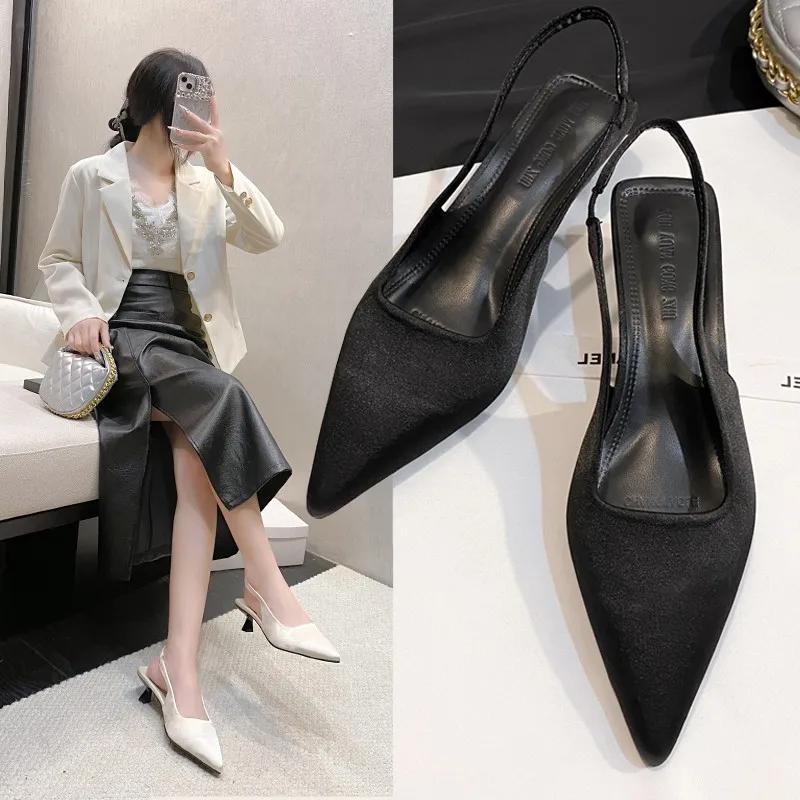 Fashion 2025 New Spring Summer Women Kitten Heels Pointed Toe Sandals Fashion Back Buckle Bling Silver Ladies Casual Med Heels Shoes