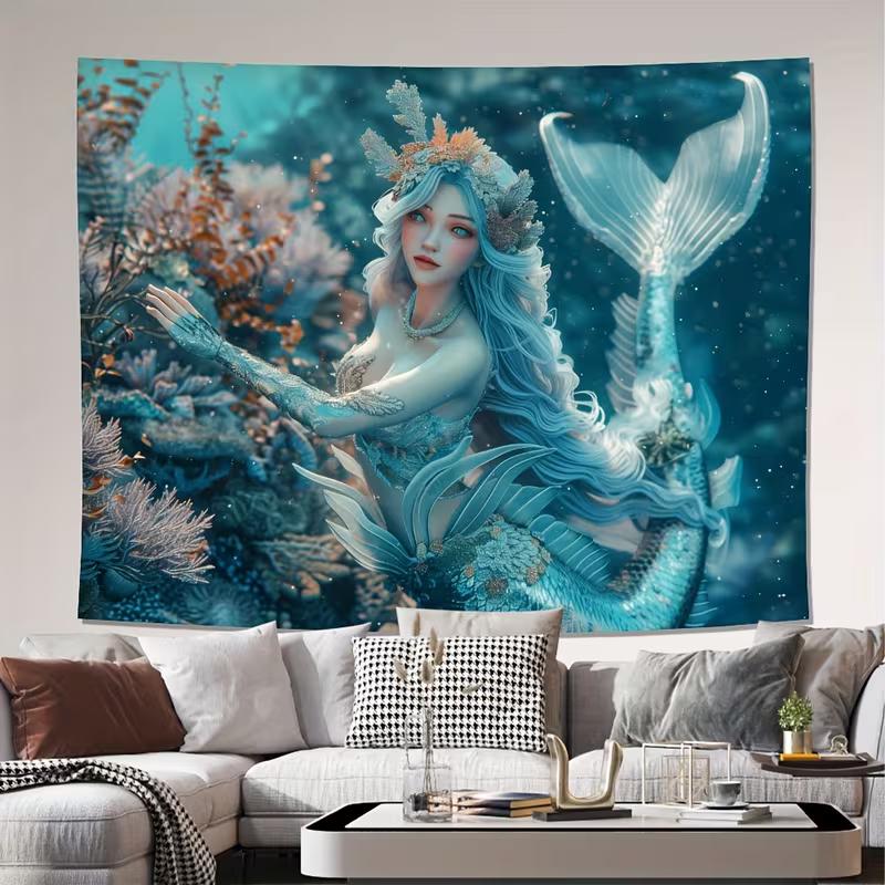 2D Ocean Mermaid Tapestry Teal Blue Underwater World Wall Art 47.2x31.5inch/120*80cm