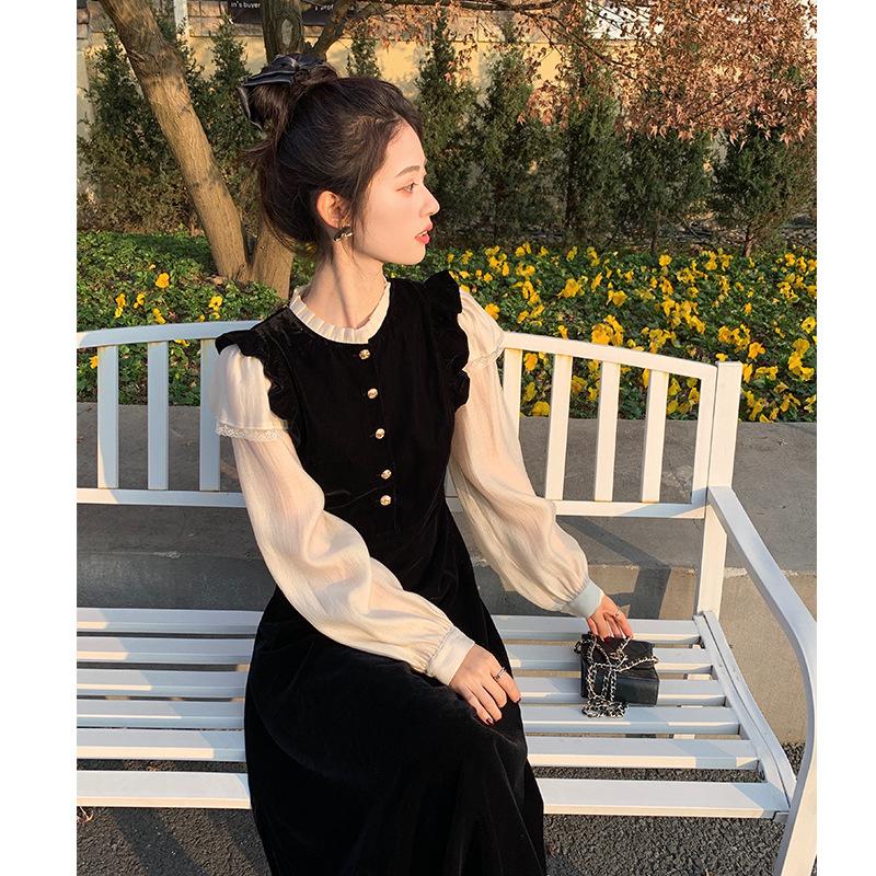Xiaoxiangfeng Fake Two-piece Velvet Dress for Women's Autumn and Winter New High-end French Temperament Slim Skirt
