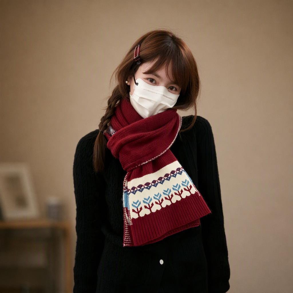 Fair Island Red Knitted Scarf Women's Autumn and Winter Thickened Warm Retro Jacquard Wool Scarf Versatile Student Model