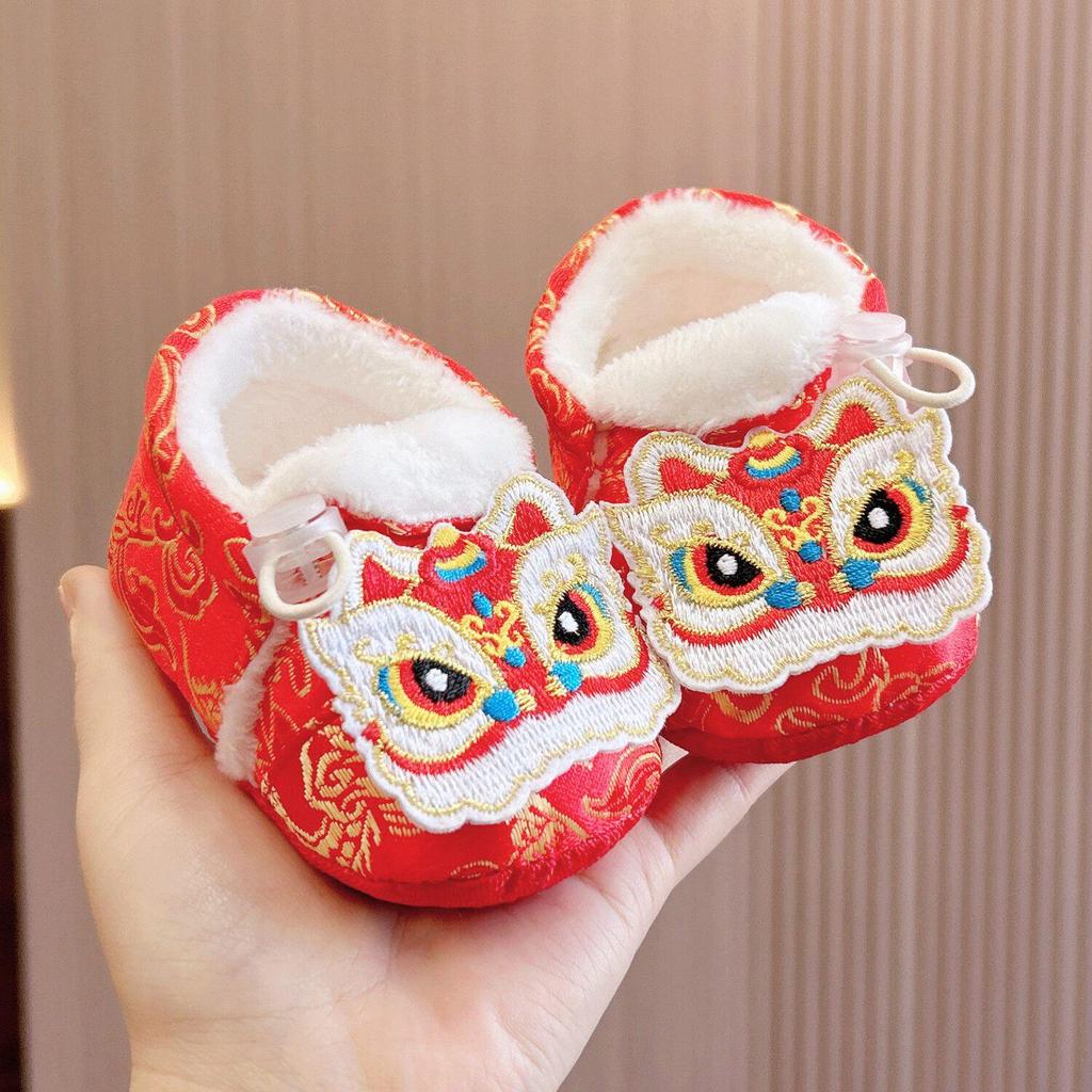 Tiger Head Baby Shoes: Red National Style, Velvet-Lined, Warm, Ideal for 100 Days to One Year Old