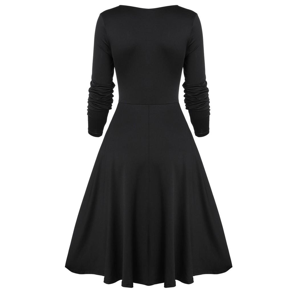 Women  Party Dress Flower Lace Insert Mock Button Bowknot Vintage Dress