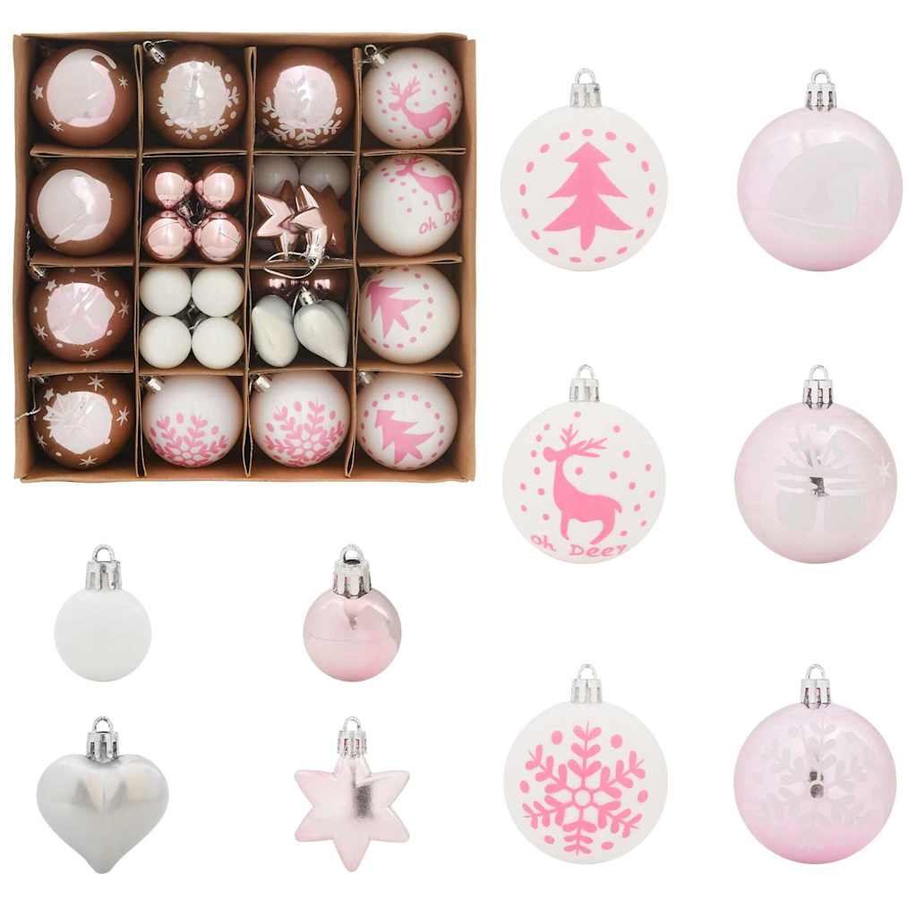 Christmas Ornament Set 40 Pcs White and Pink Plastic