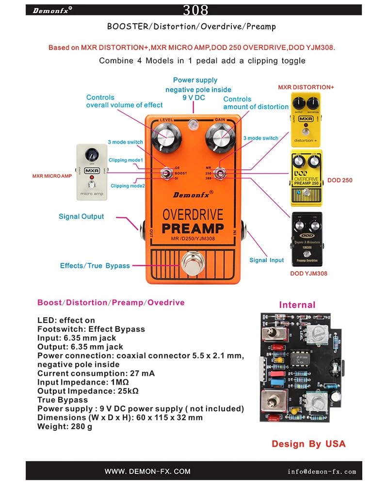 Demonfx YJM308 OVER DRIVE PREAMP CLEAN BOOSTER Overdrive Preamp Clean Booster Guitar Effector /