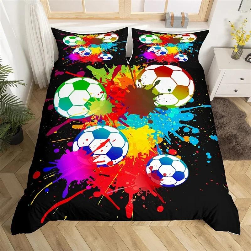 3D Soccer Duvet Cover Set Boys Football Bedding Set Ball Sport Theme Comforter Cover Polyester Geometric Hexagon Bedspread Cover